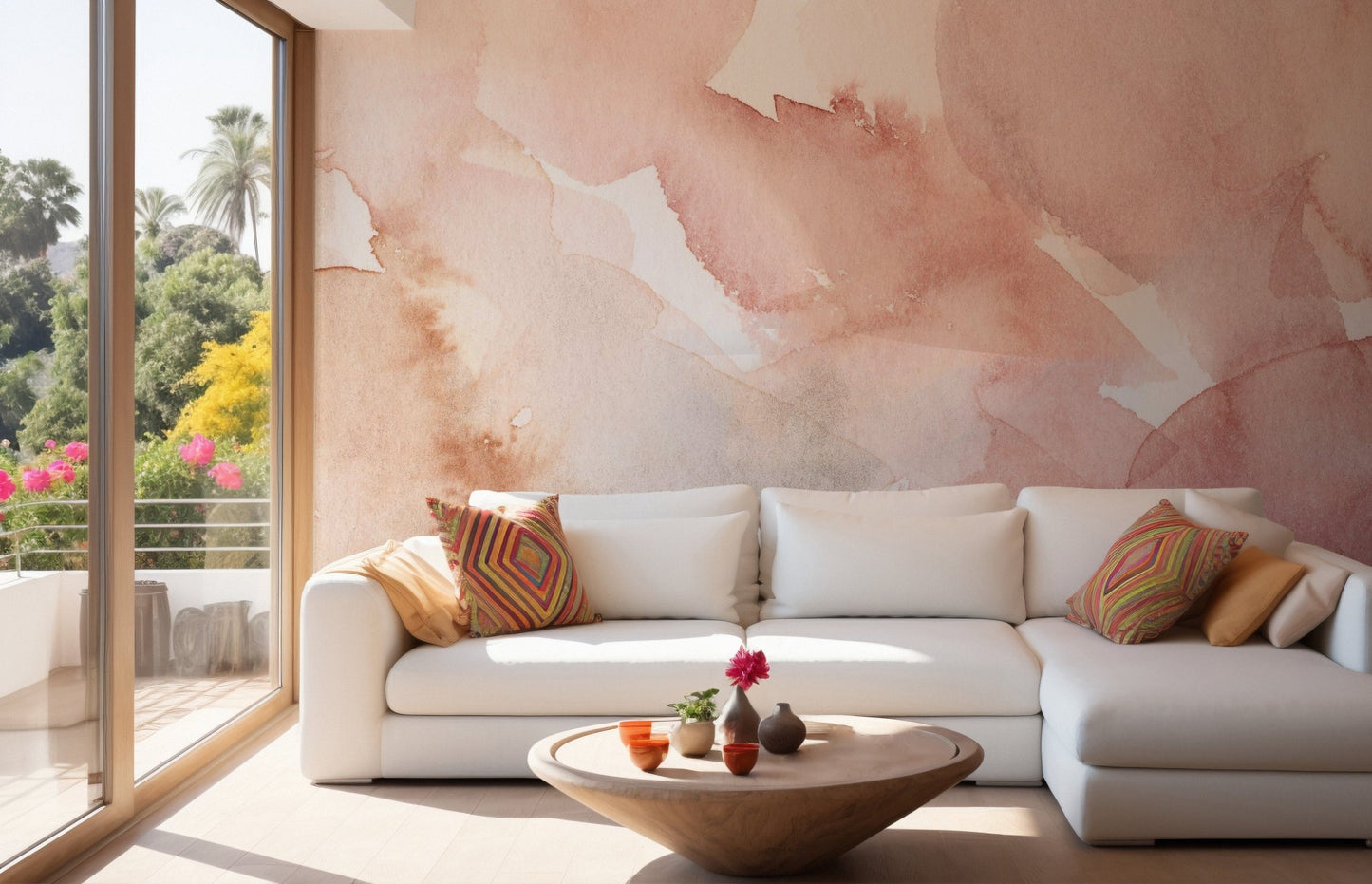 Tender pink watercolor wall mural for modern and chic living space walls.
