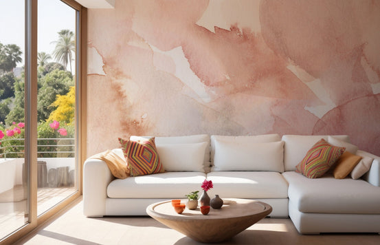 Tender pink watercolor wall mural for modern and chic living space walls.
