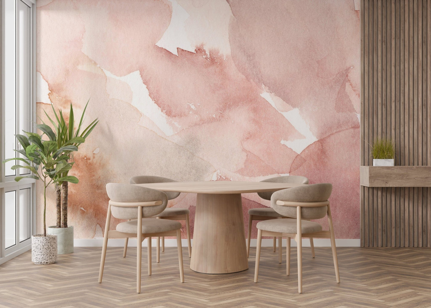 Gentle pink waves mural for a calming and artistic touch in dining area.
