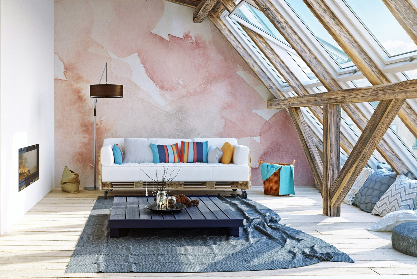 Elegant watercolor mural featuring soft pink wave patterns in attic living room.
