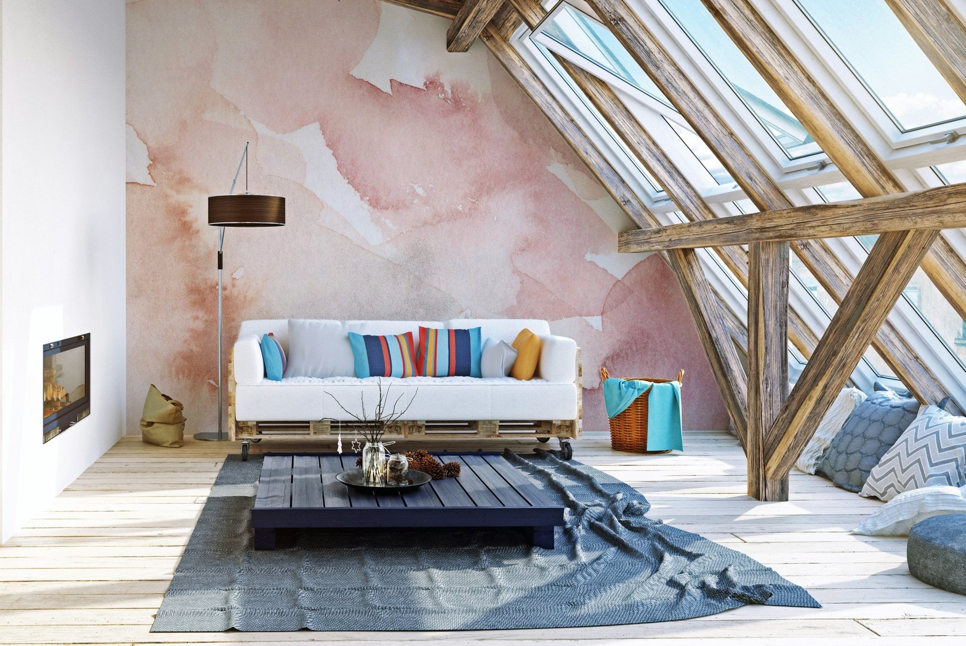 Elegant watercolor mural featuring soft pink wave patterns in attic living room.
