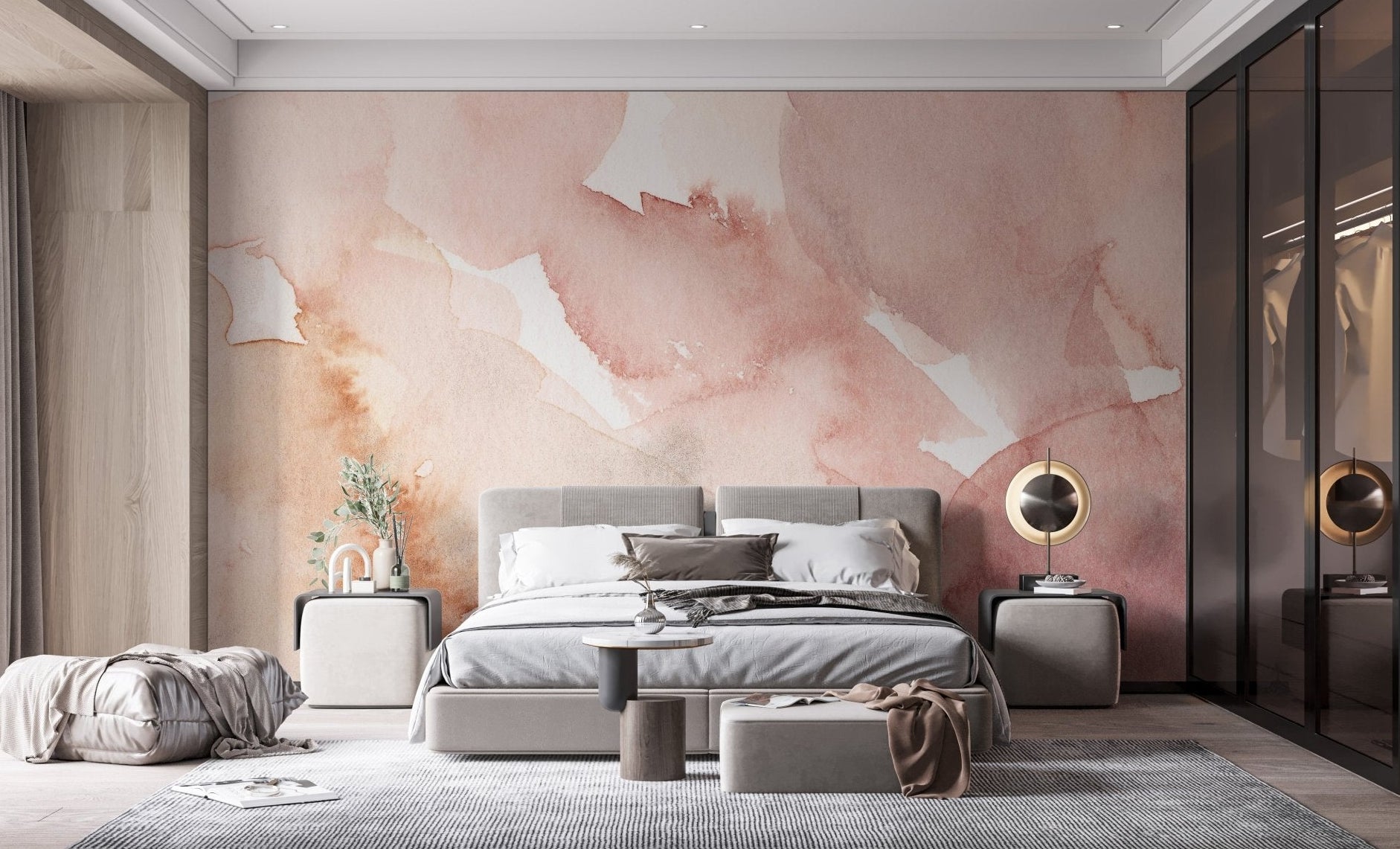 Soft pink watercolor waves mural for bedroom wall decor.
