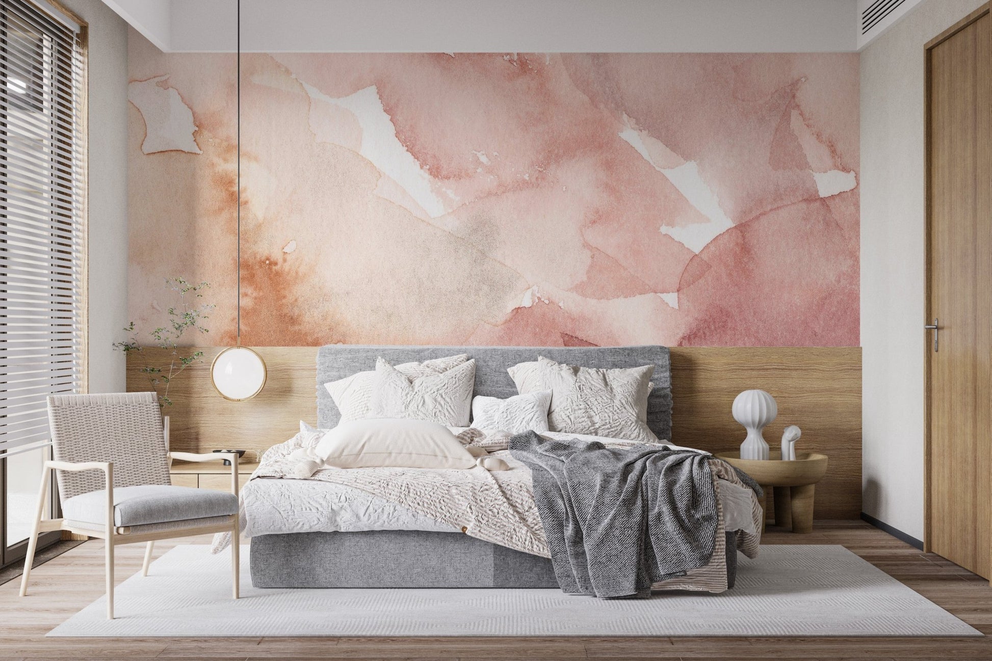 Tender pink watercolor wall mural perfect for serene bedroom interiors.
