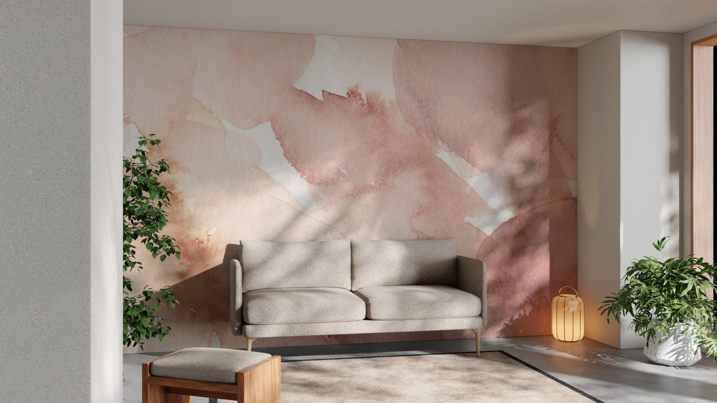 Watercolor mural with gentle pink waves for stylish siting space interiors.
