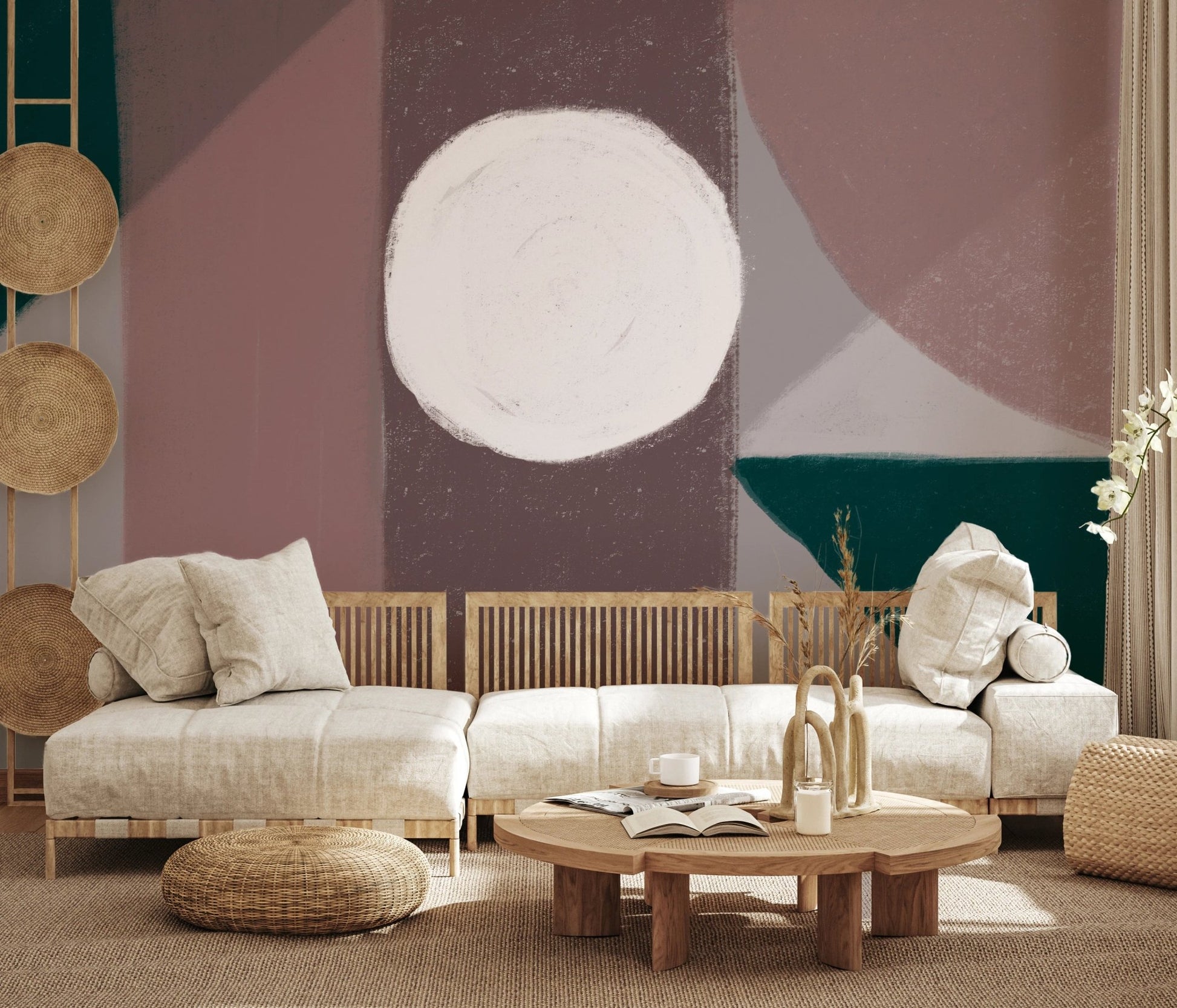Low-profile wooden furniture paired with a Terra Shapes Wall Mural.