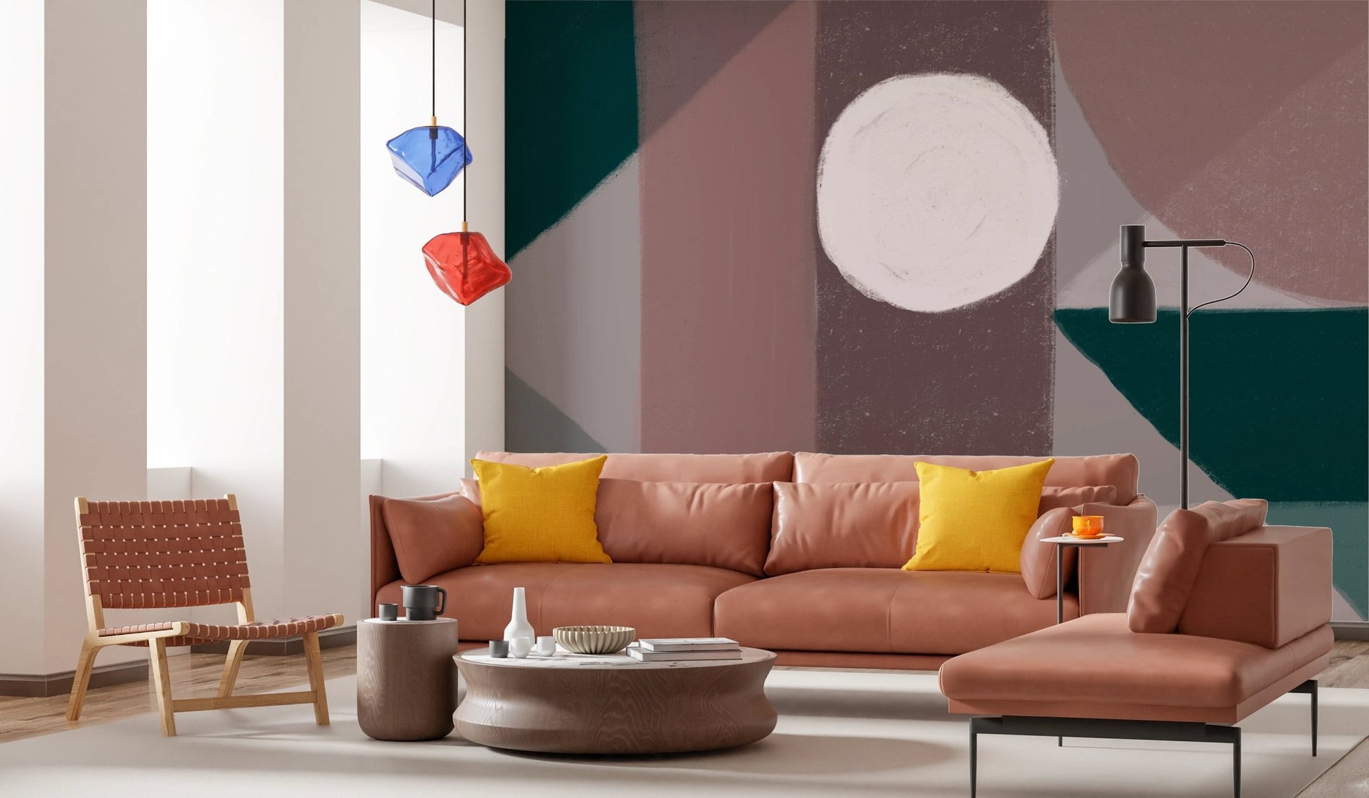 Contemporary seating area showcasing dark green terra shape on a wall mural.