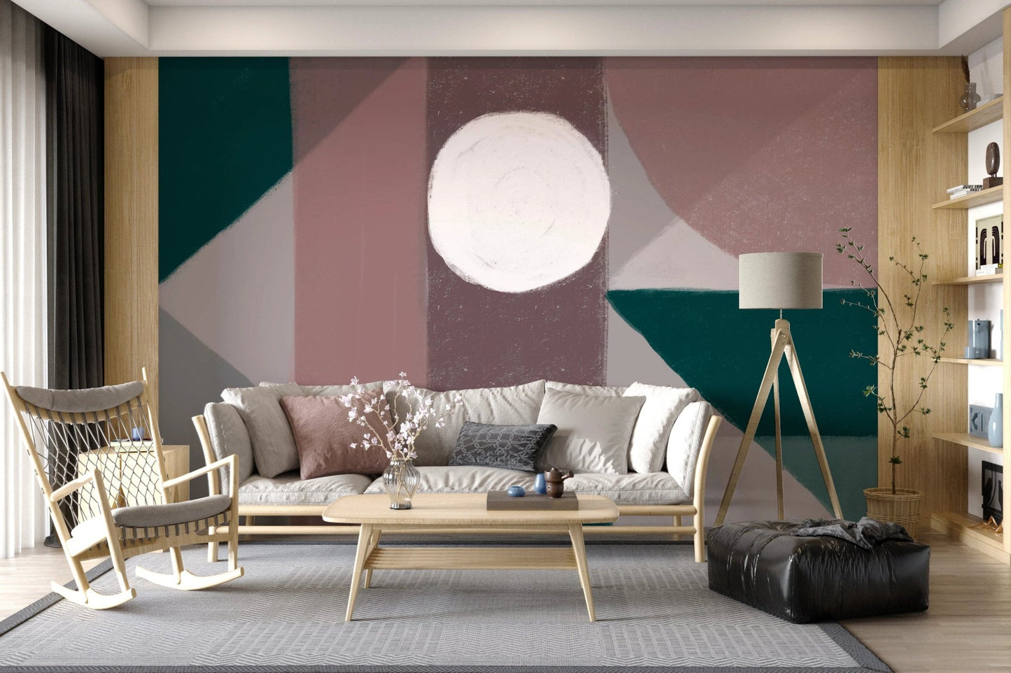 Modern living area with a grey rug and abstract geometric shape wall mural.