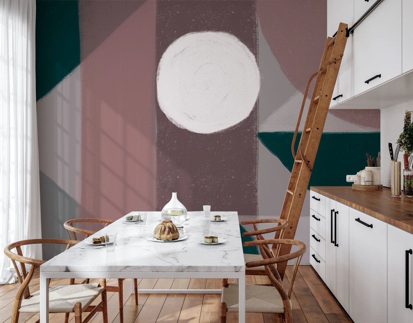 Dining room setting with a white table and geometric shape wall mural