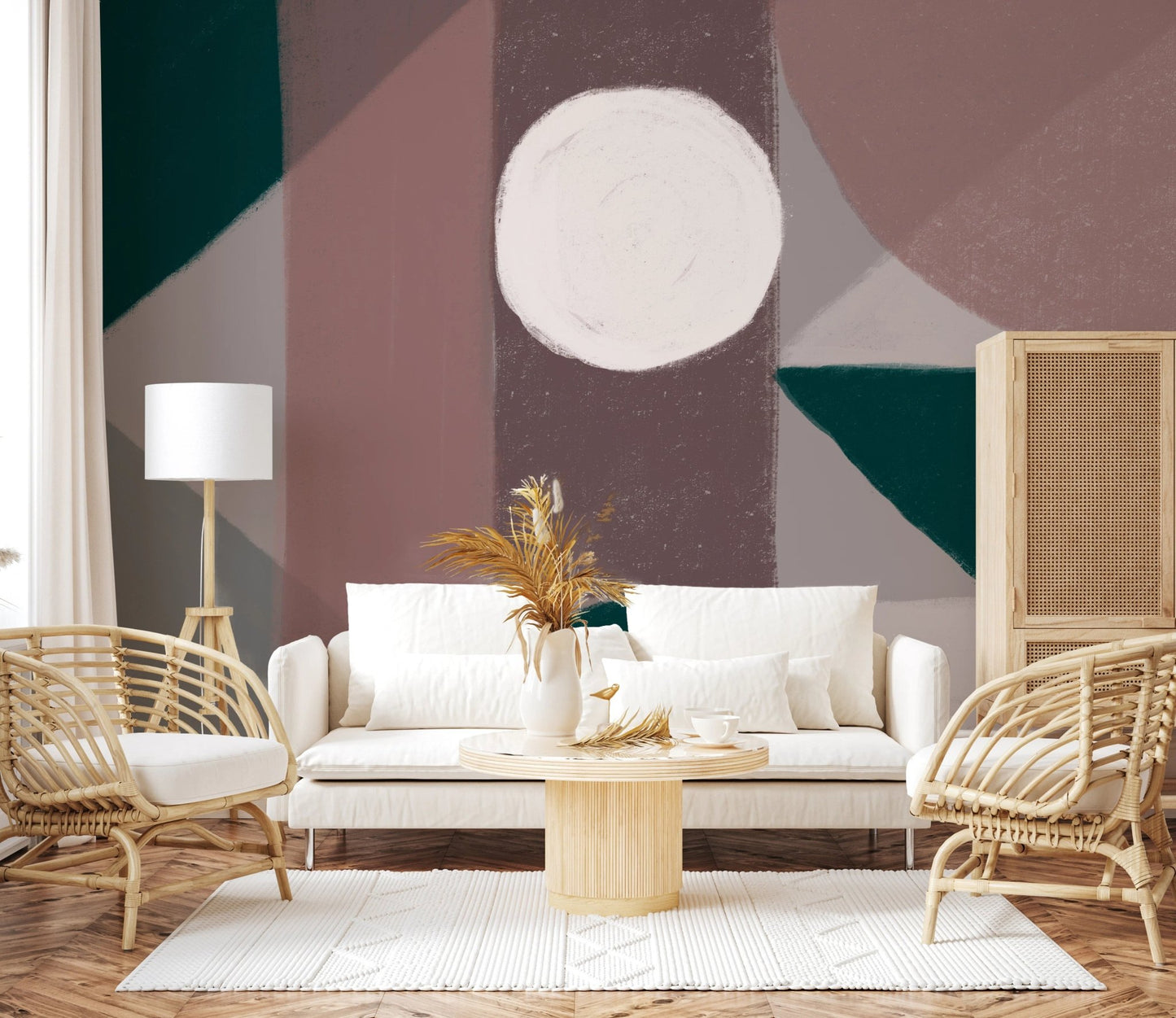 Bright interior with a white couch and matte finish abstract shape wall mural.