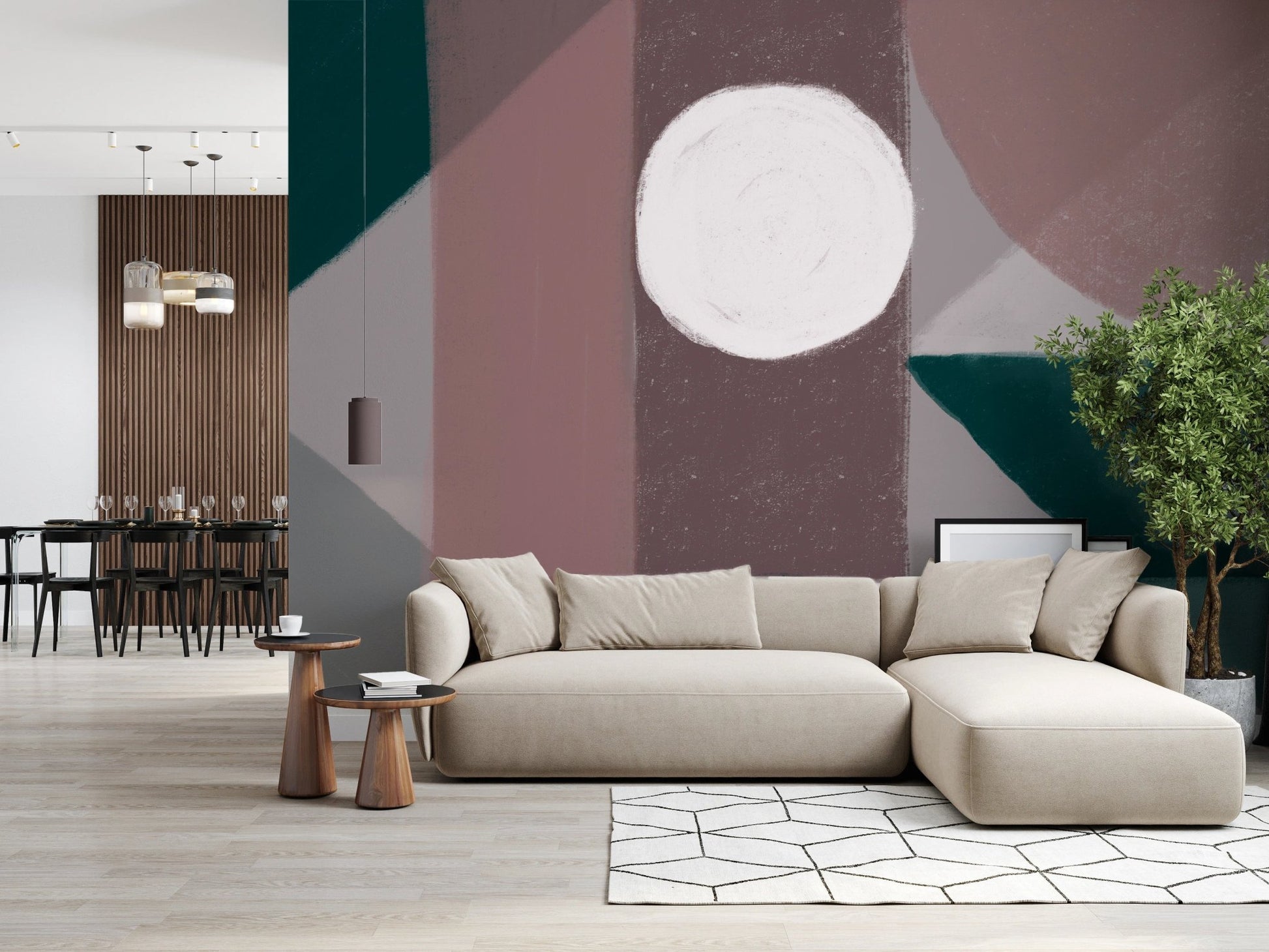 Minimalist living space with a large-scale circular shape wall mural.