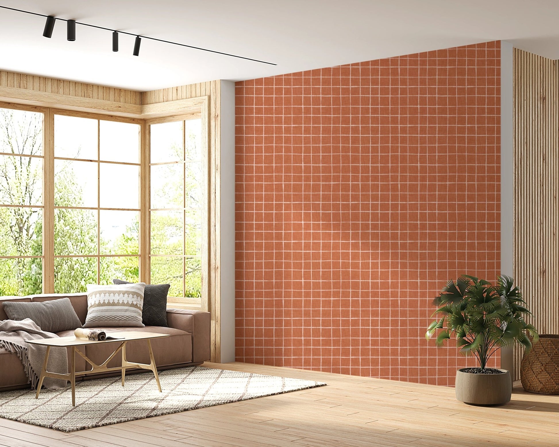 Textured clay-colored repeating grid wall murals.