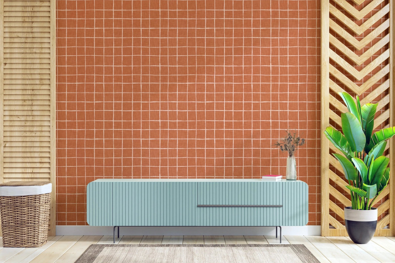 Minimalist hand-drawn terracotta grid wallpaper murals.