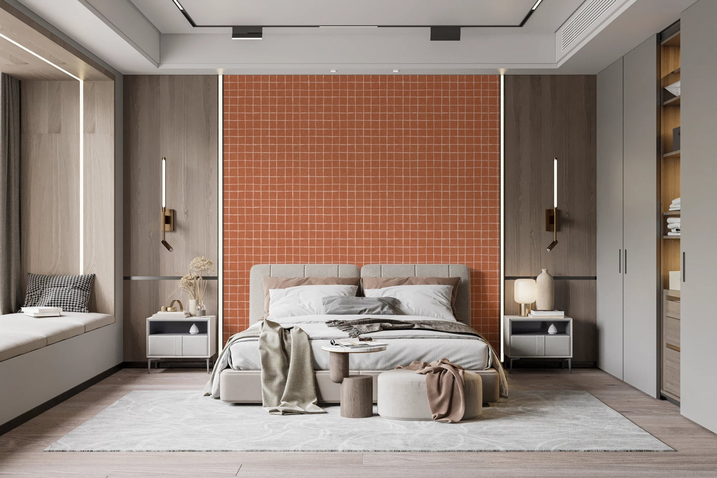 Organic terracotta crosshatch pattern wallpaper murals.
