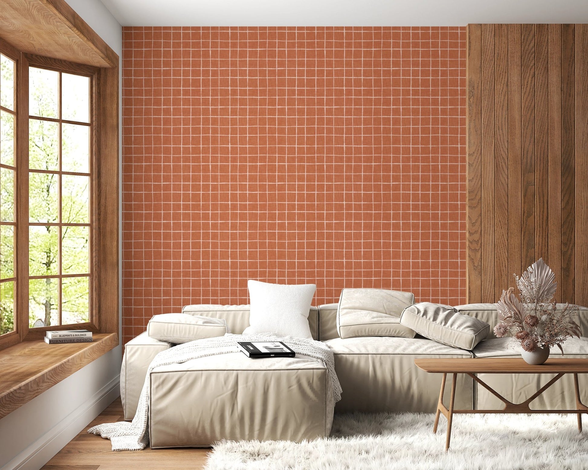 Scandinavian style terracotta check wallpaper murals.