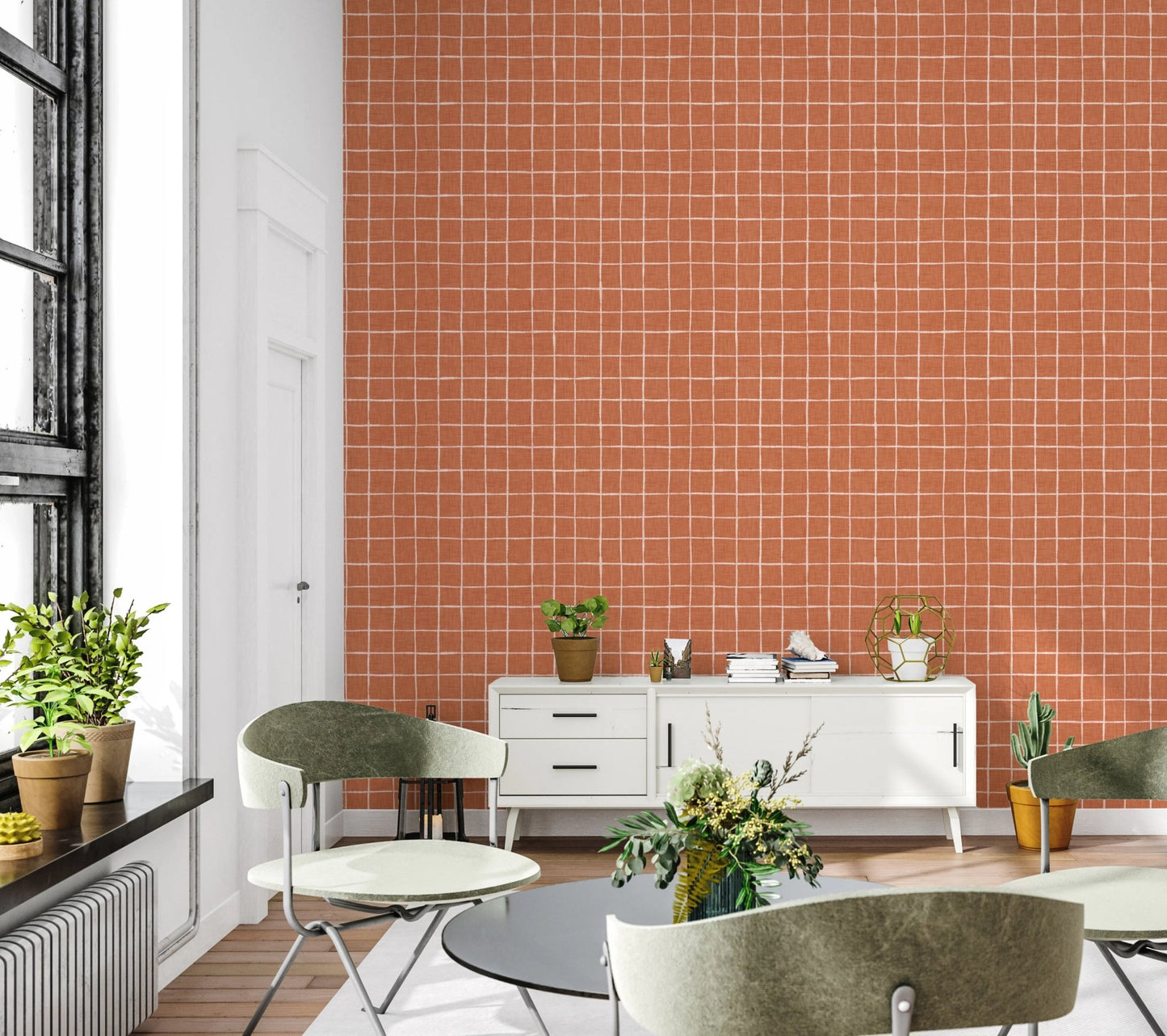 Rustic burnt orange windowpane pattern wallpaper murals.