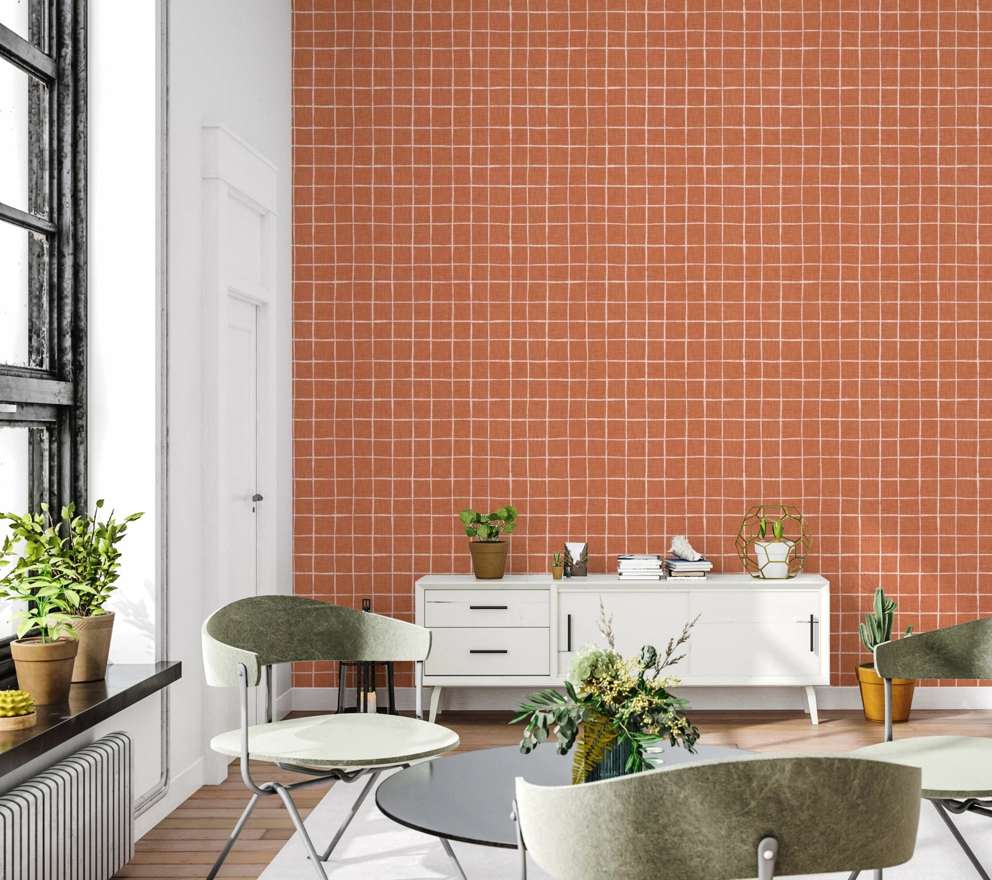 Rustic burnt orange windowpane pattern wallpaper murals.