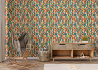 Mid Century vintage wall mural in a nursery area with a rocking chair and cabinet.