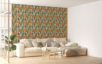Terracotta Repeat Pattern Mid Century Vintage Wall mural in a spacious white living room.