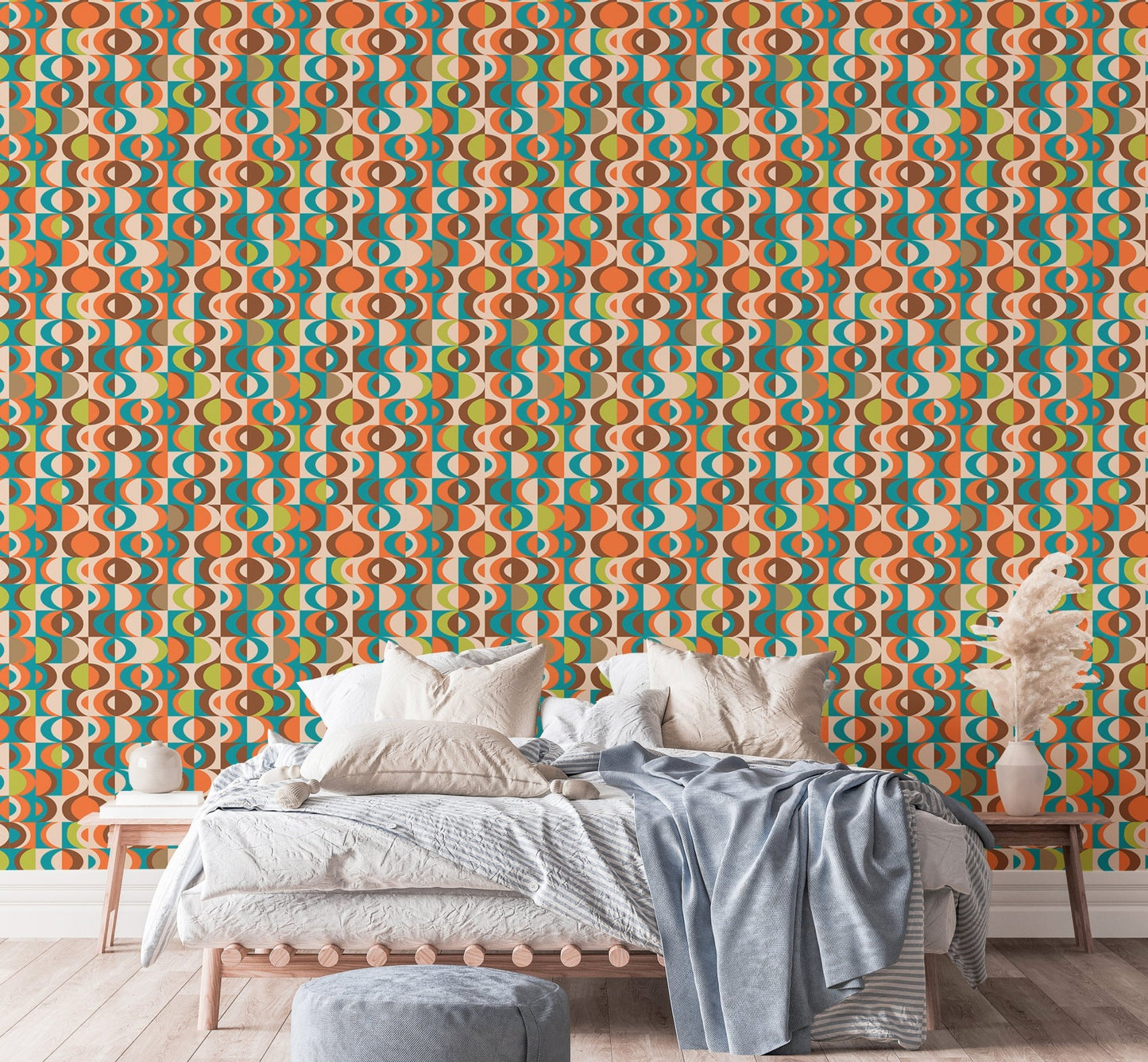 Terracotta Repeat Pattern Mid Century Vintage Wall mural in a bright airy bedroom setup.
