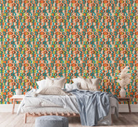 Terracotta Repeat Pattern Mid Century Vintage Wall mural in a bright airy bedroom setup.