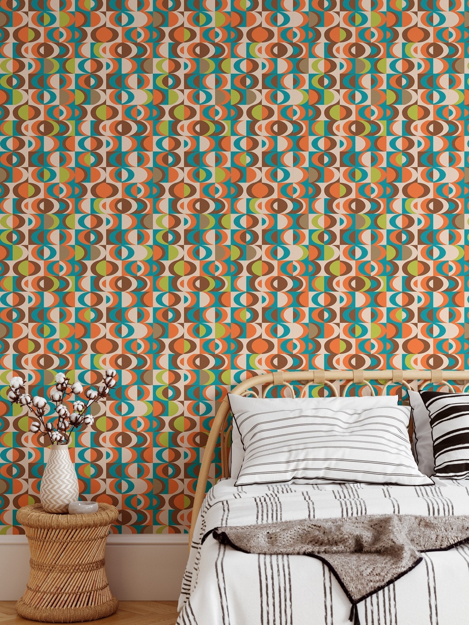Terracotta Repeat Pattern Mid Century Vintage Wall mural in a bedroom with wooden stool.