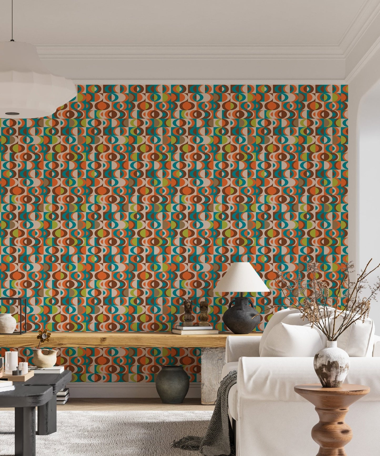Vintage geometric pattern wall mural in a modern living space with a white sofa and lamp.
