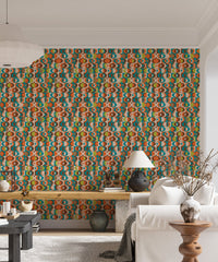 Vintage geometric pattern wall mural in a modern living space with a white sofa and lamp.