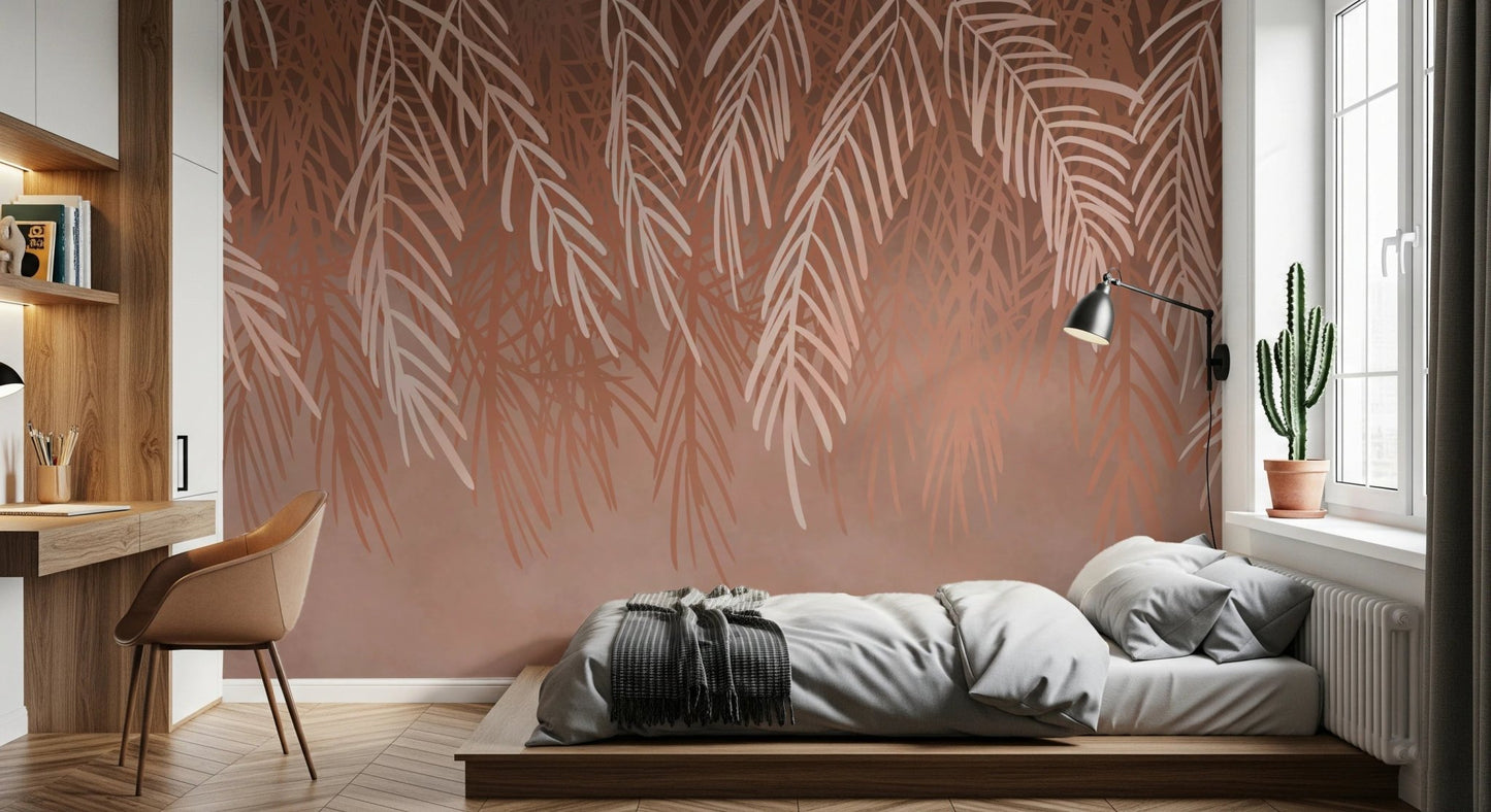 Dark peach tangle wall mural with hanging leaf motifs in a minimalist bedroom
