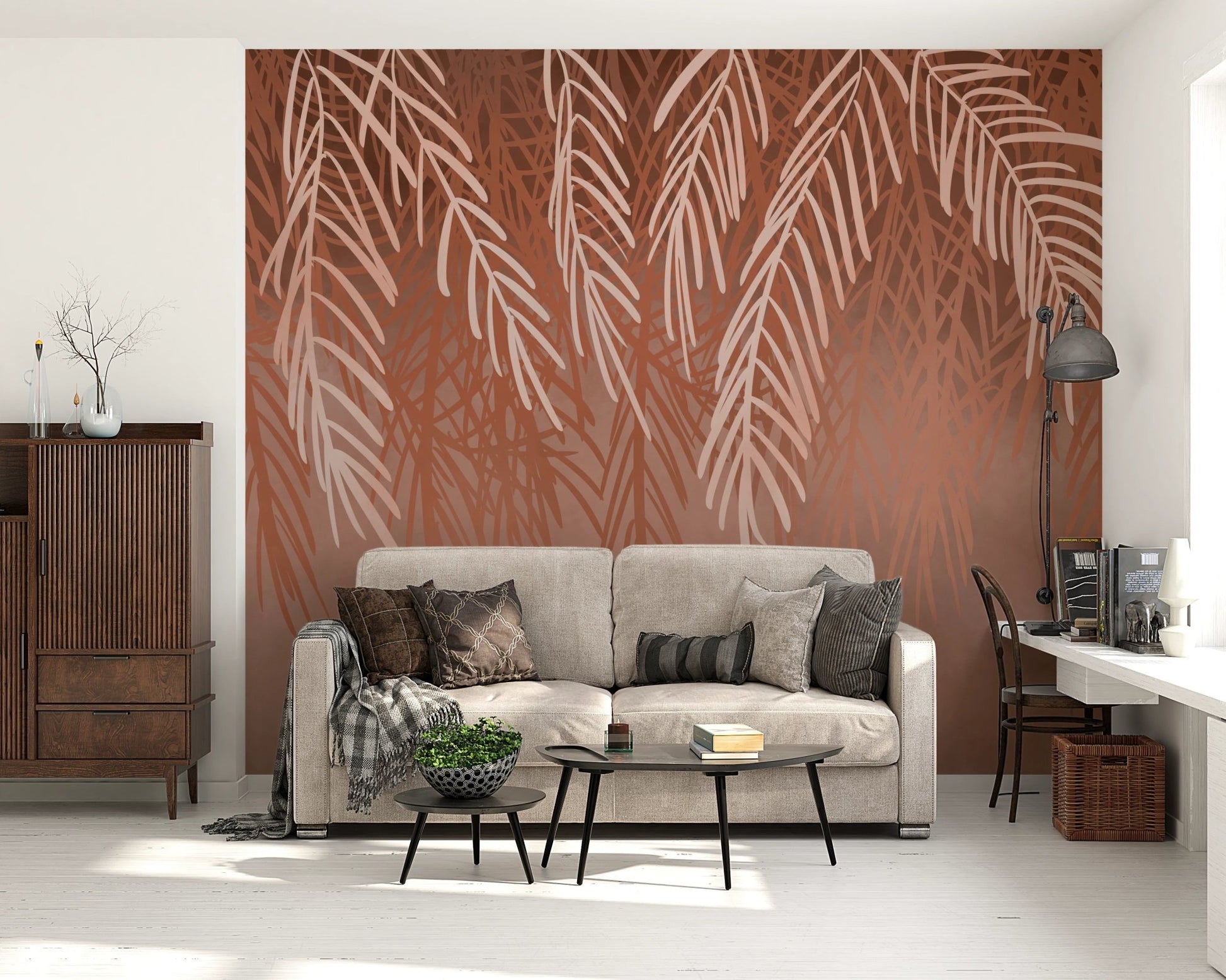 Terracotta Tangle Wall Mural behind a grey sofa in a sunlit interior
