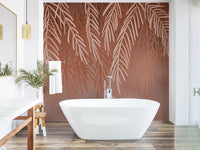 Terracotta tangle wall mural with tropical leaf design in a white bathroom