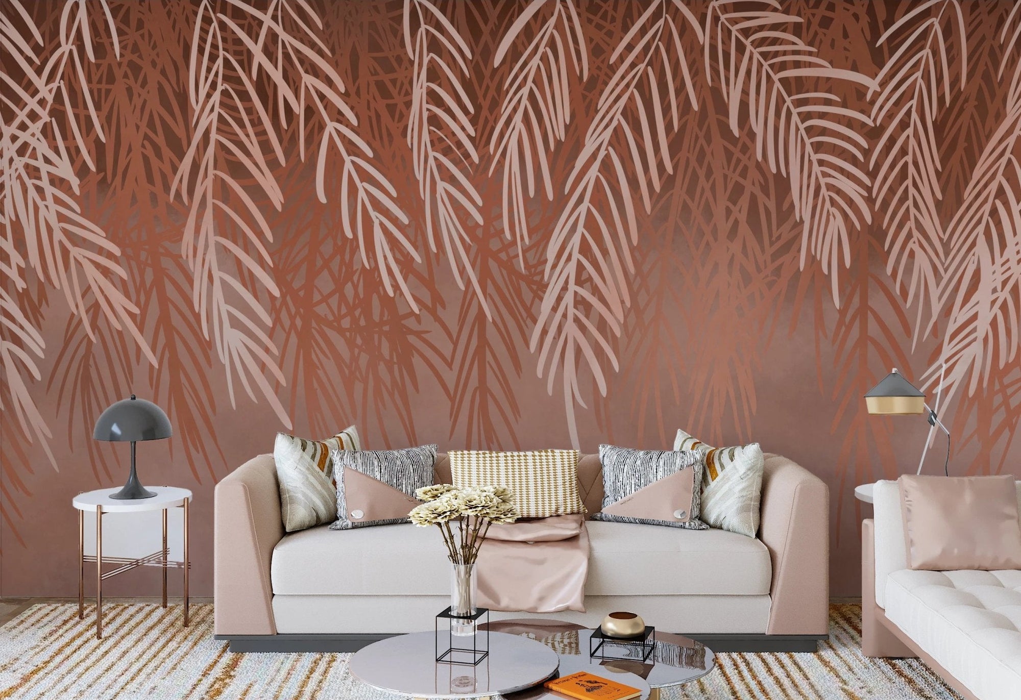 Terracotta Tangle Wall Mural in a modern living room.