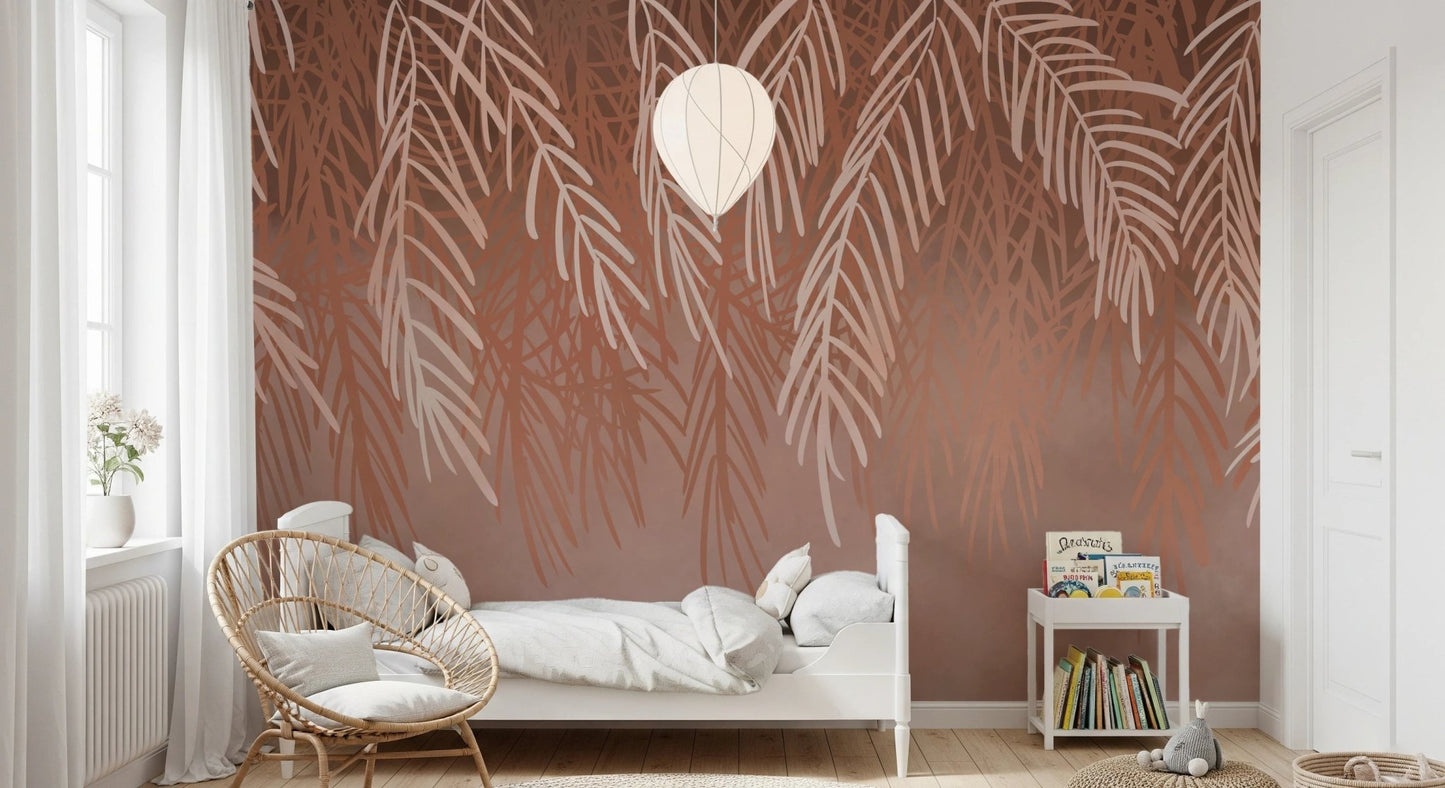 Abstract tangle leaf wall mural in a child’s bedroom with white furniture