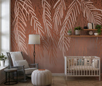Terracotta tangle wall mural with white foliage in a nursery with a white crib