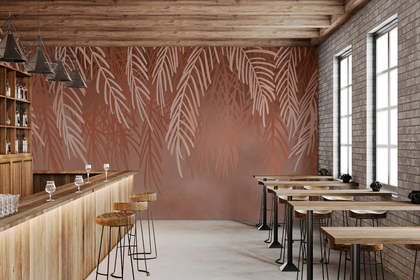 Large scale terracotta palm leaf wall mural behind a wooden restaurant bar counter