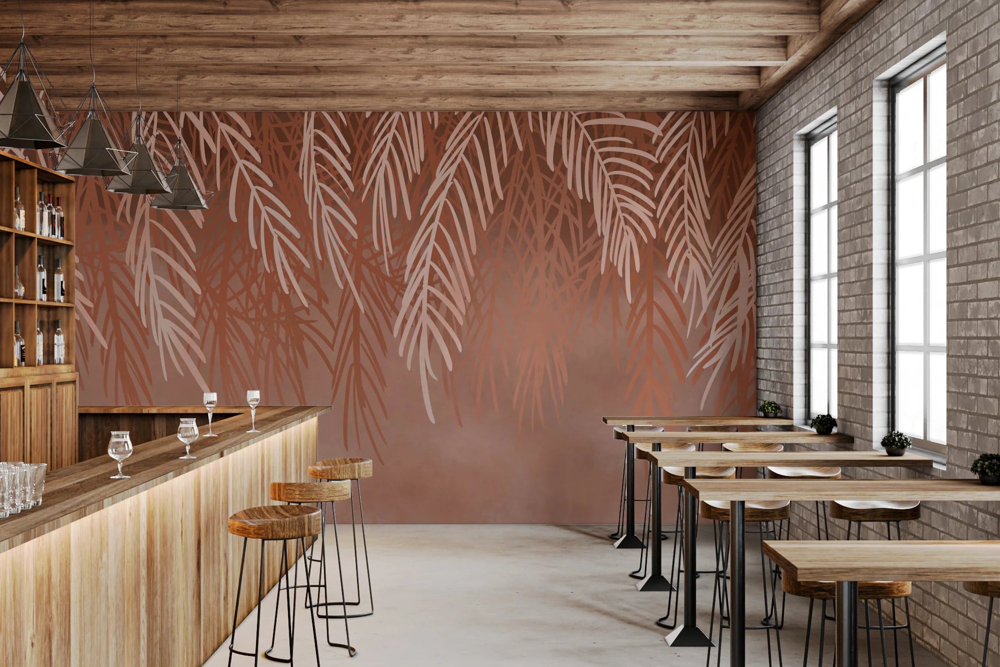 Large scale terracotta palm leaf wall mural behind a wooden restaurant bar counter