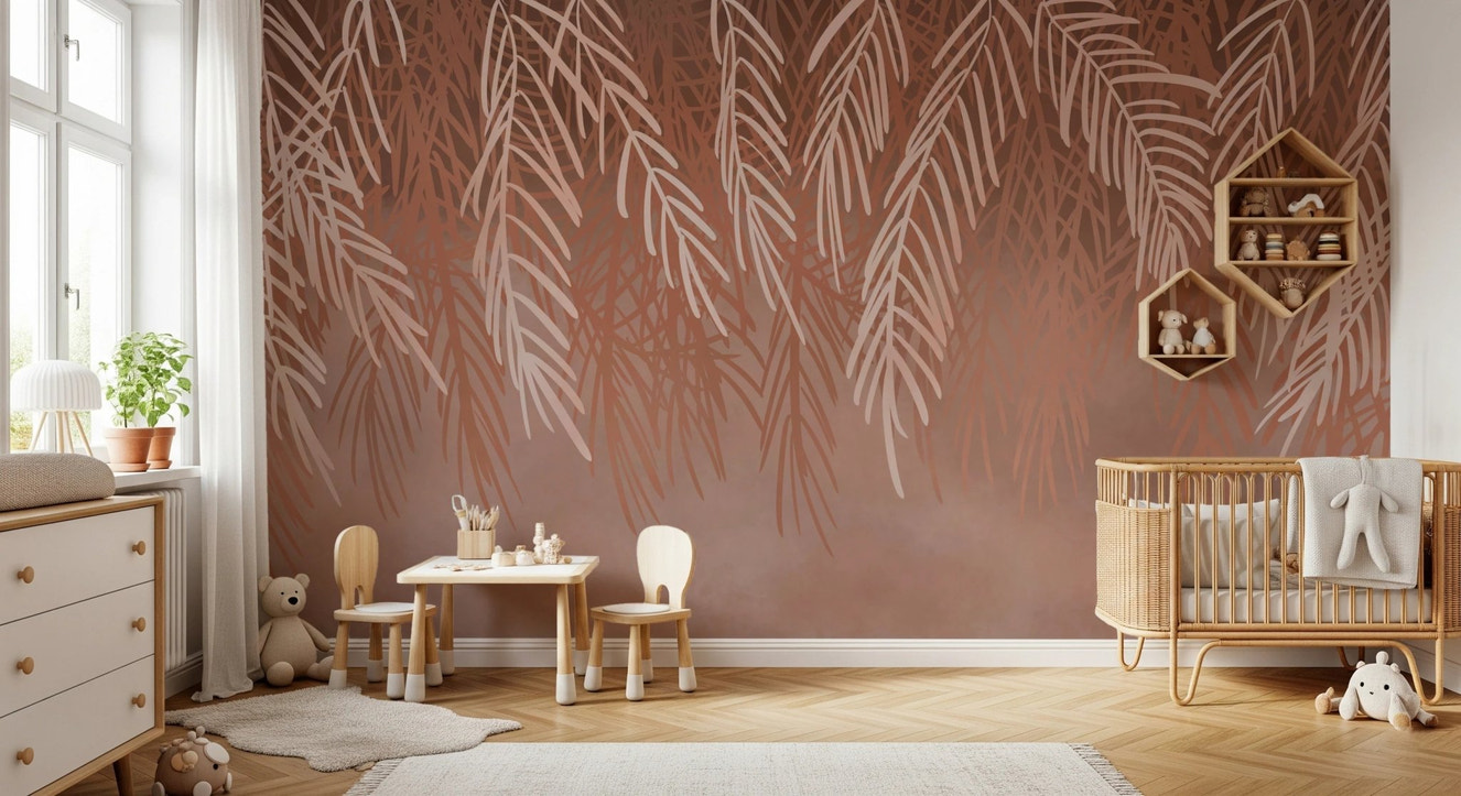 Earthy terracotta wall mural with white leaf patterns in a bright playroom