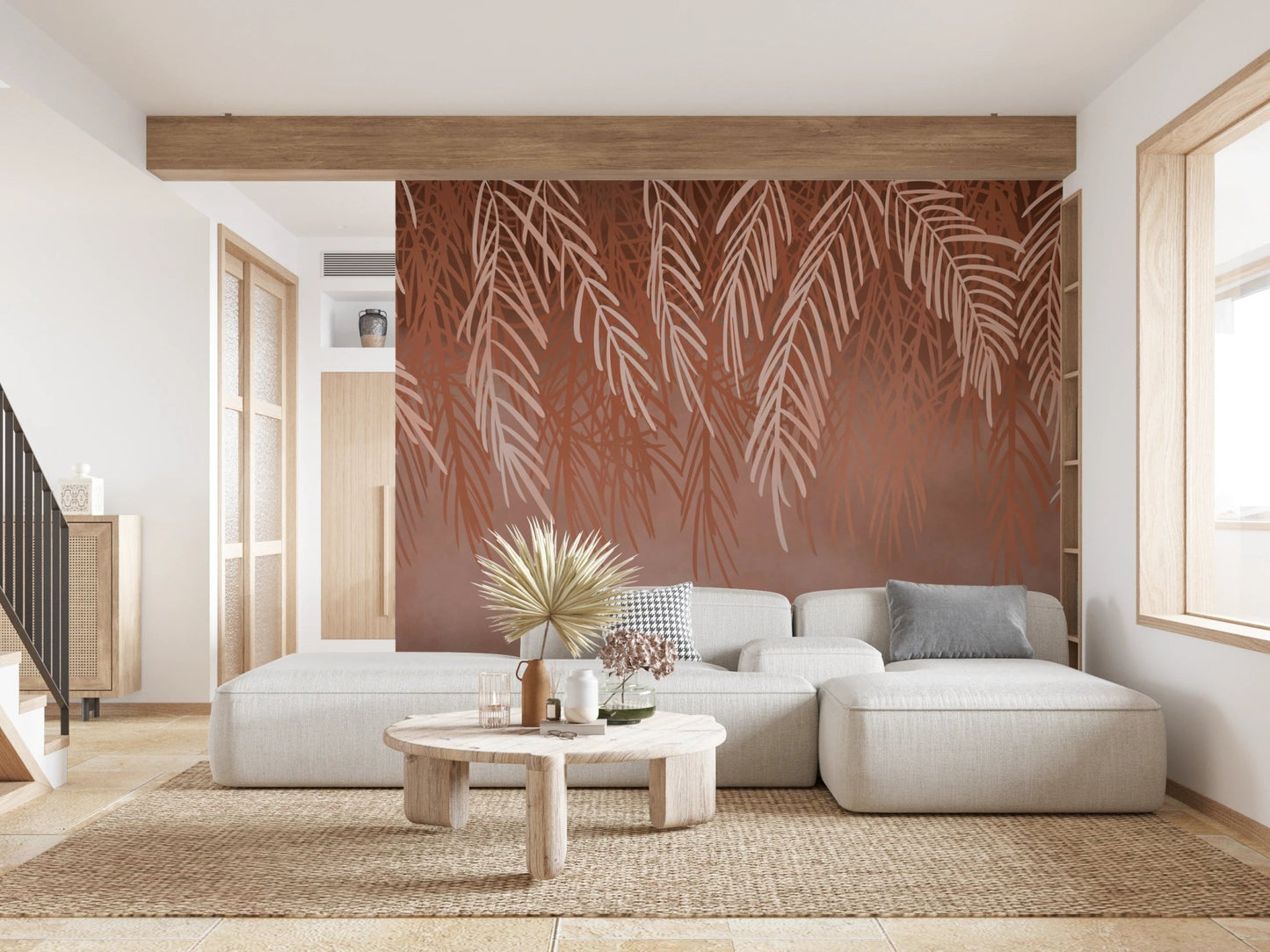 Modern terracotta wall mural in a spacious living area with a white sectional