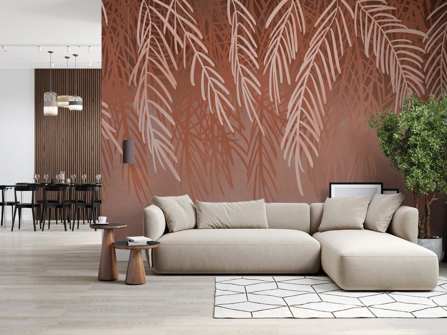 Terracotta Tangle Wall Mural in an open plan dining and living area
