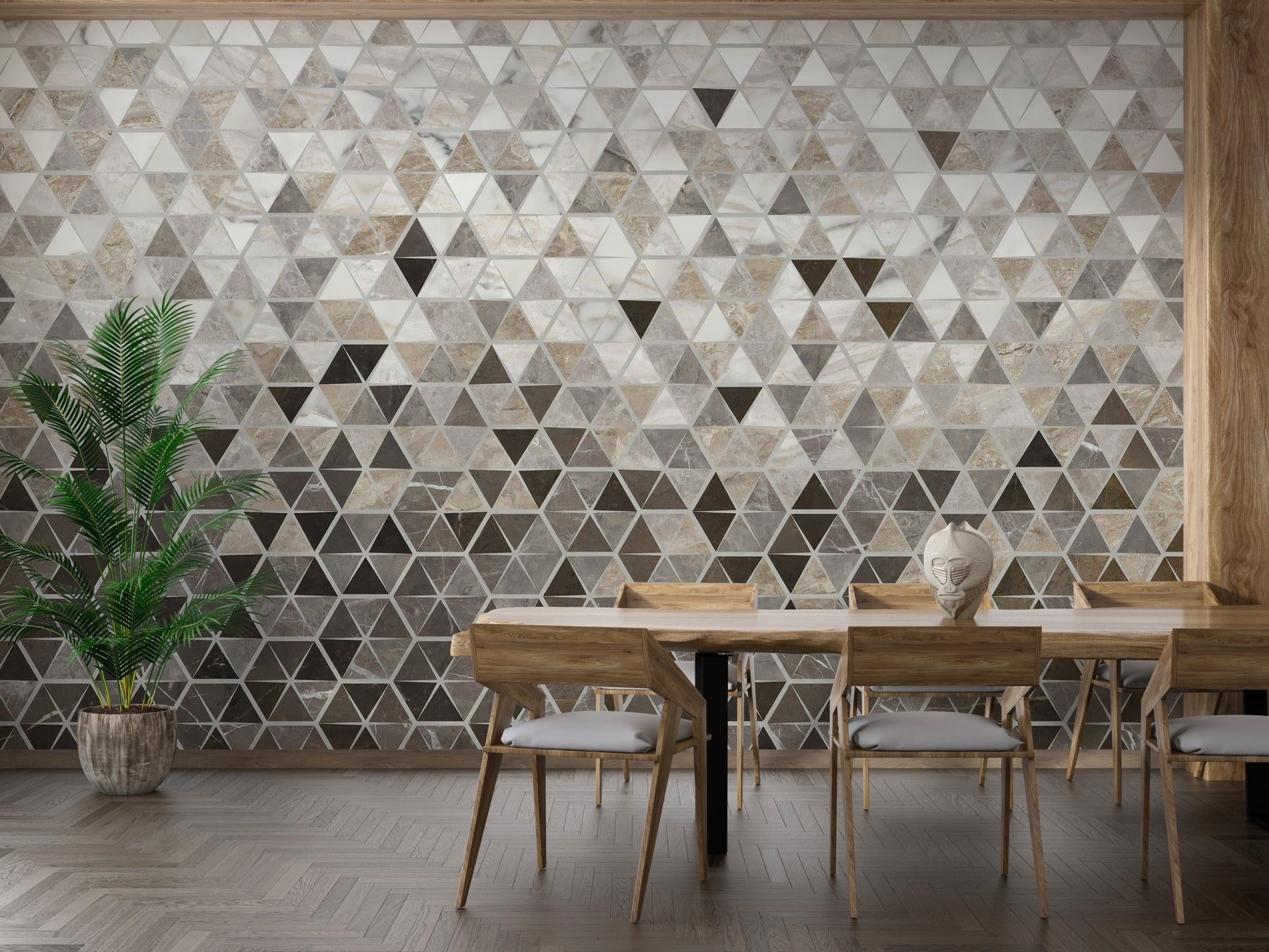 Wooden dining set with a neutral geometric marble wall mural background.
