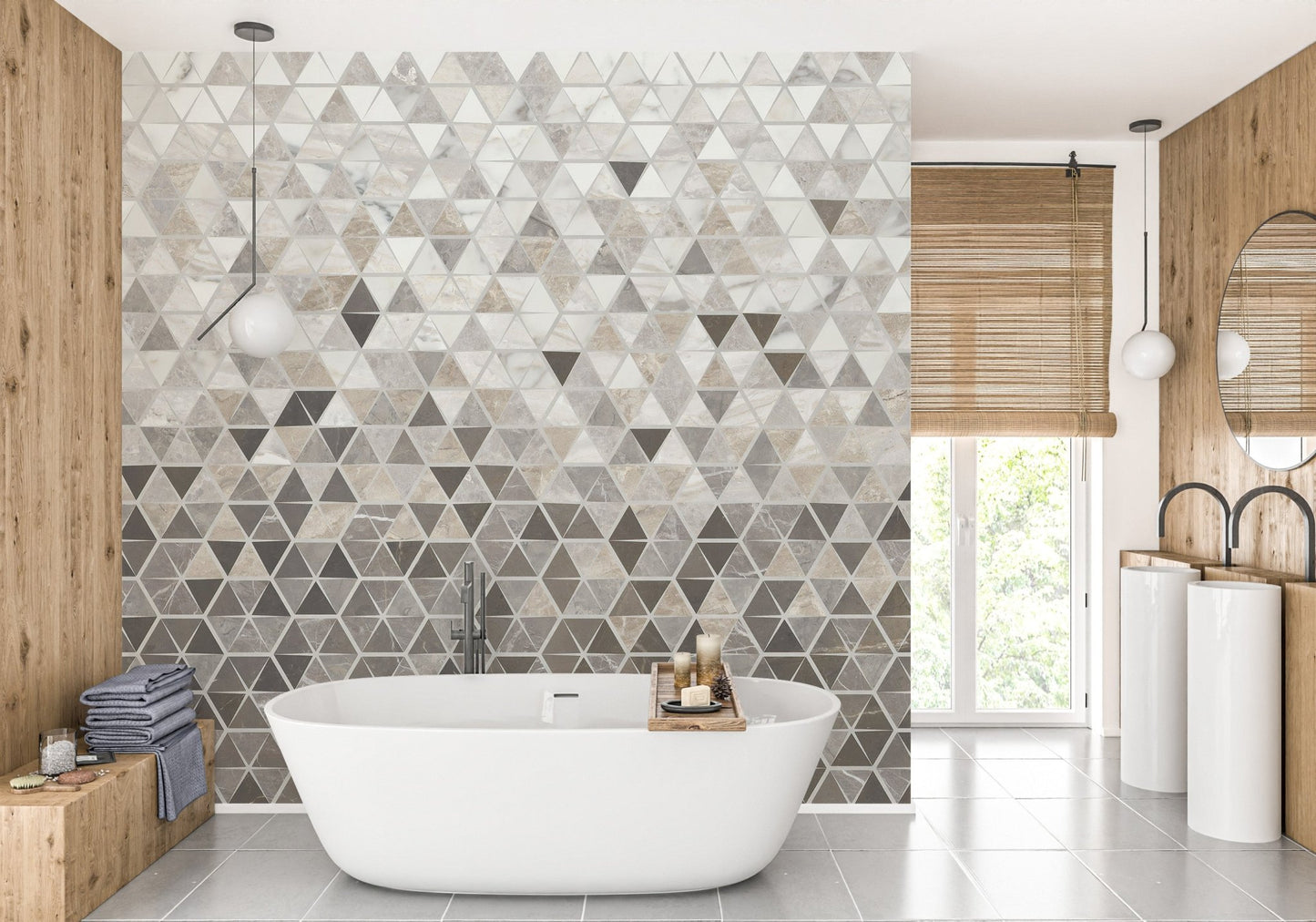 Modern bathroom with white tub and a grey marble tile wall mural design.