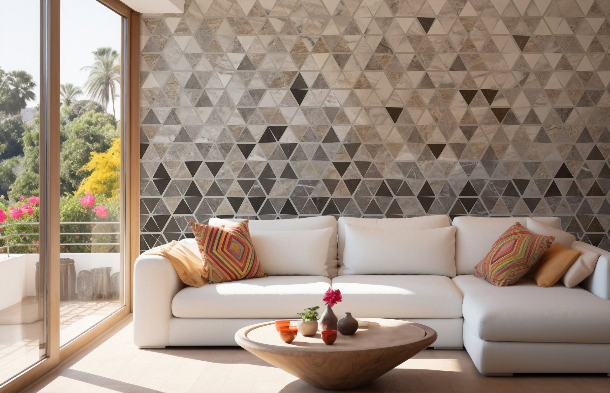Sunlit living area with white sectional sofa and Terrazzo Tile Marble mural.