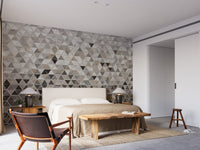 Minimalist bedroom featuring a light grey Terrazzo Tile Marble wall mural.