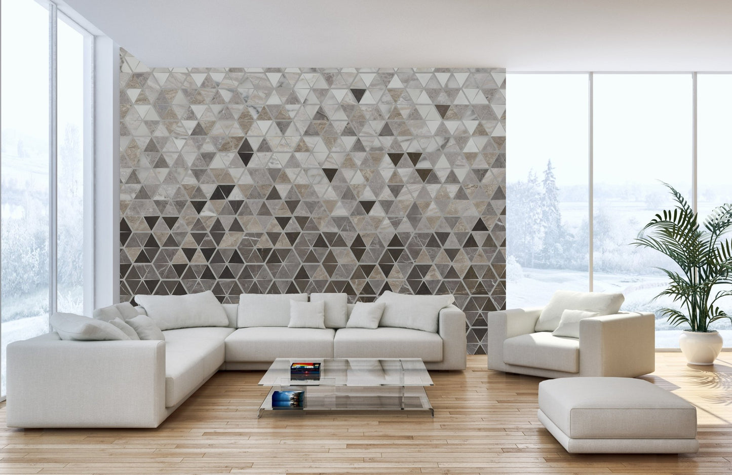 Bright living space featuring a grey and beige geometric tile wall mural.