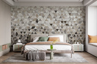 Minimalist bedroom with Terrazzo Tile Marble wall mural behind a wooden bed frame.