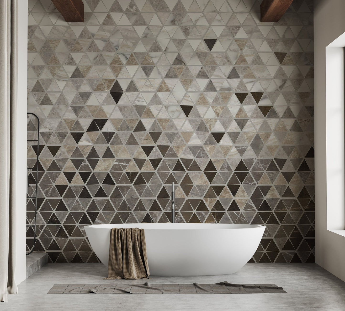 Modern bathtub against Terrazzo Tile Marble wall mural with grey geometric patterns.