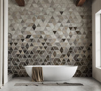 Modern bathtub against Terrazzo Tile Marble wall mural with grey geometric patterns.
