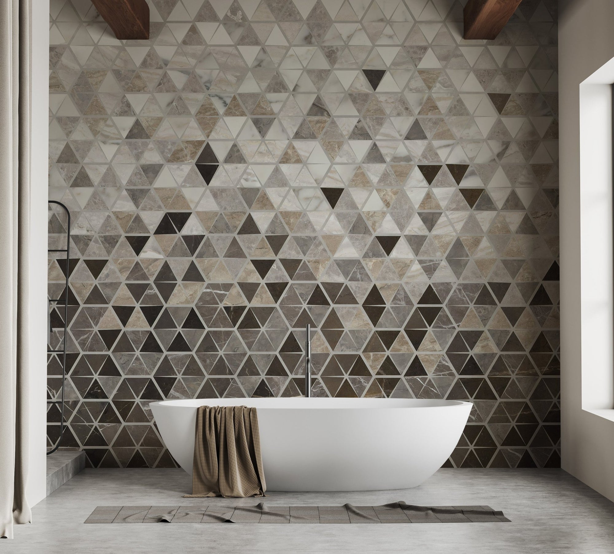 Modern bathtub against Terrazzo Tile Marble wall mural with grey geometric patterns.