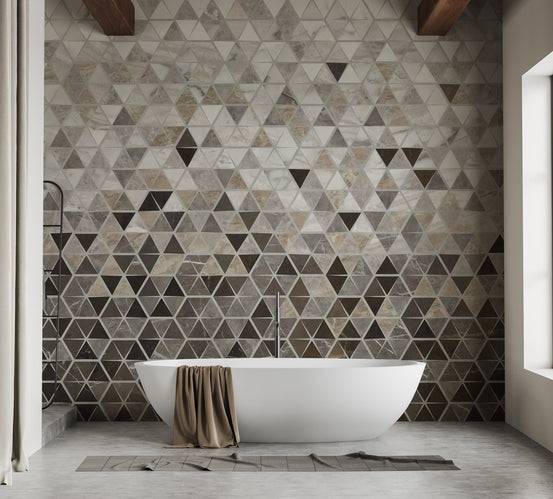 Modern bathtub against Terrazzo Tile Marble wall mural with grey geometric patterns.