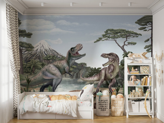 Terrific t-rex dinosaur mural wallpaper with mountain view.