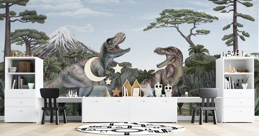 Prehistoric landscape dinosaur wall mural featuring ancient trees.